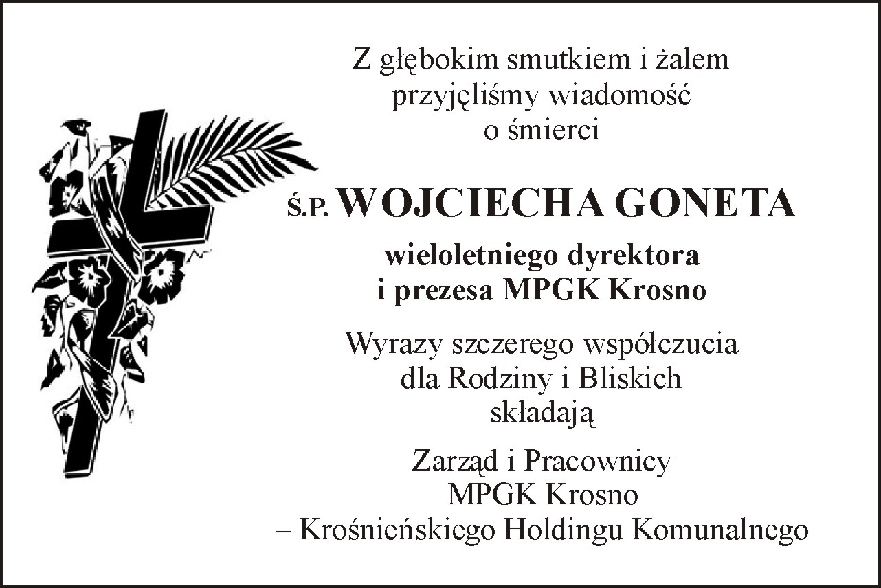 Kondolencje z pwowodu śmierci wieloletniego dyrektora i prezesa MPGK Krosno – Pana Wojciecha Goneta